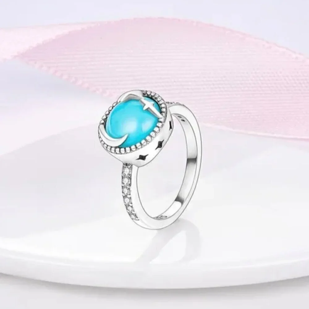 NWT Ring S925 Sterling Silver Stamped Star Moon CZ Turquoise Cabochon Sz. 7